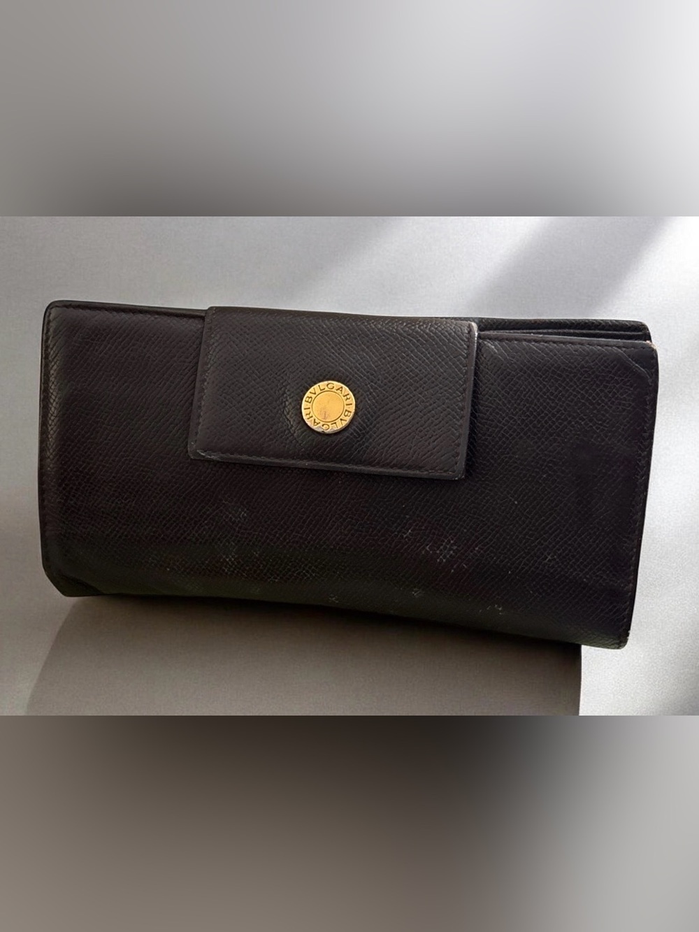 BVLGARI Vintage Textured Leather Long Trifold Snap Wallet with gold tone snaps